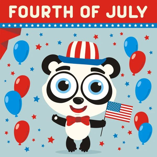 美国独立日贺卡与可爱的搞笑卡通人物的快乐熊猫熊拿着国旗附近的气球和文字7月4日 — 图库矢量图片