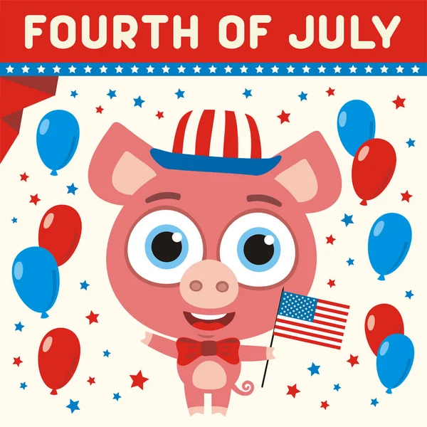 美国独立日贺卡与可爱的搞笑卡通人物的快乐猪拿着国旗附近的气球和文字7月4日 — 图库矢量图片