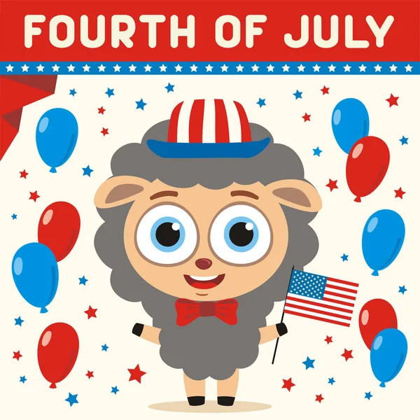 美国独立日贺卡与可爱的搞笑卡通人物的快乐羊拿着国旗附近的气球和文字7月4日 — 图库矢量图片