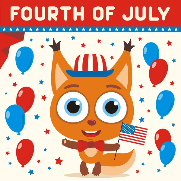 美国独立日贺卡与可爱的搞笑卡通人物的快乐松鼠拿着国旗附近的气球和文字7月4日 — 图库矢量图片