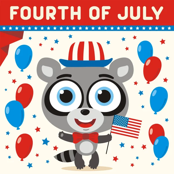 美国独立日贺卡与可爱的搞笑卡通人物的快乐熊拿着国旗附近的气球和文字7月4日 — 图库矢量图片