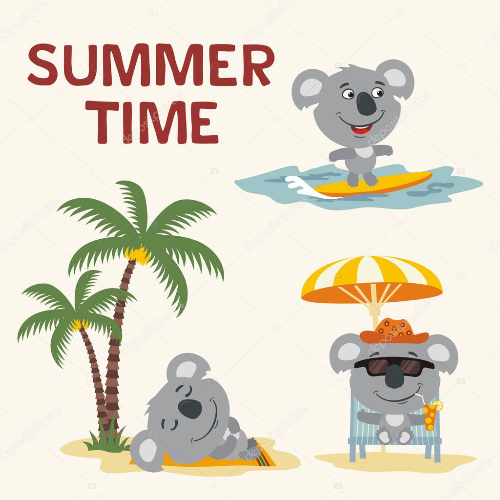 Set of cute cartoon characters of koalas enjoying summer in different poses at beach, summertime rest concept 