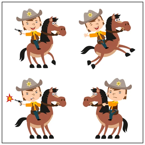 Set Cute Cartoon Characters Boys Cowboy Costumes Riding Horses Different — Stock Vector