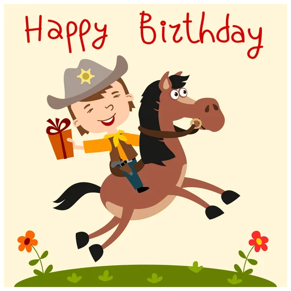 Birthday Greeting Card Cute Cartoon Character Cowboy Hat Gift Riding — Stock Vector