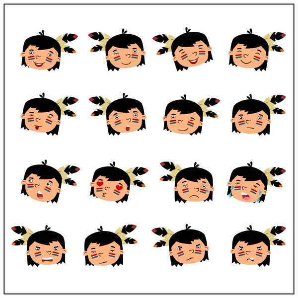 Set American Indian Facial Expressions Cartoon Style Different Emotions Isolated — Stock Vector
