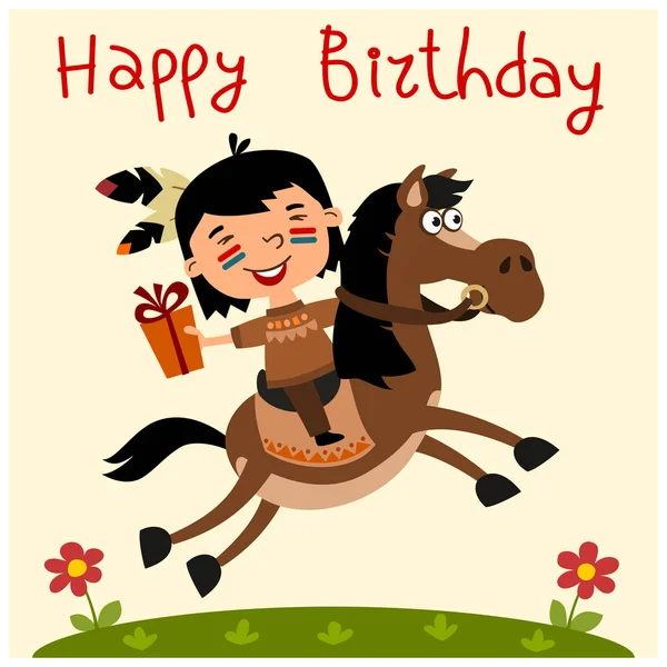 Happy Birthday Card Cartoon Character Funny American Indian Boy Riding — Stock Vector