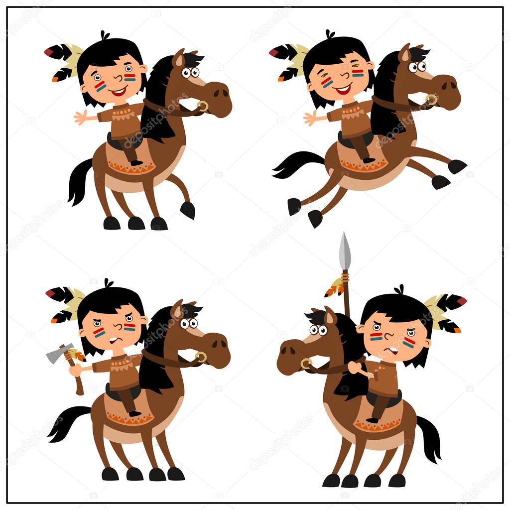 Set of American Indian boys riding horses in different poses isolated on white background