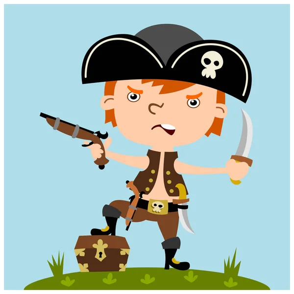 Angry Cartoon Character Pirate Ginger Hair Black Cocked Hat Gun — Stock Vector