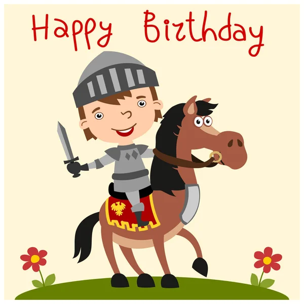 Happy Birthday Card Funny Boy Knight Cartoon Style Sitting Astride — Stock Vector