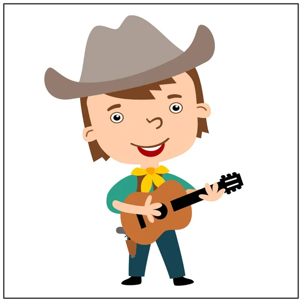Personaje Dibujos Animados Niño Feliz Traje Vaquero Tocando Guitarra Aislado — Vector de stock