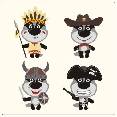 viking ve Kırmızı Hint ile kovboy ve korsan kostümleri porsuk sevimli çizgi film karakterleri