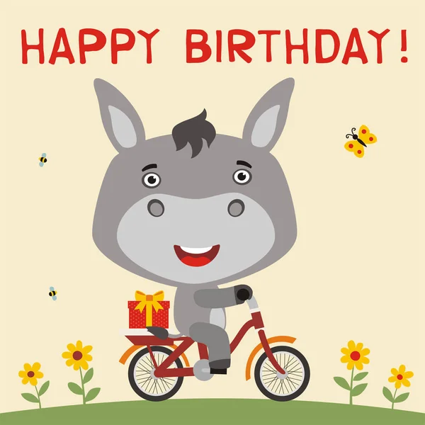 Greeting Card Cute Funny Cartoon Character Donkey Bicycle Gift Meadow — Stock Vector