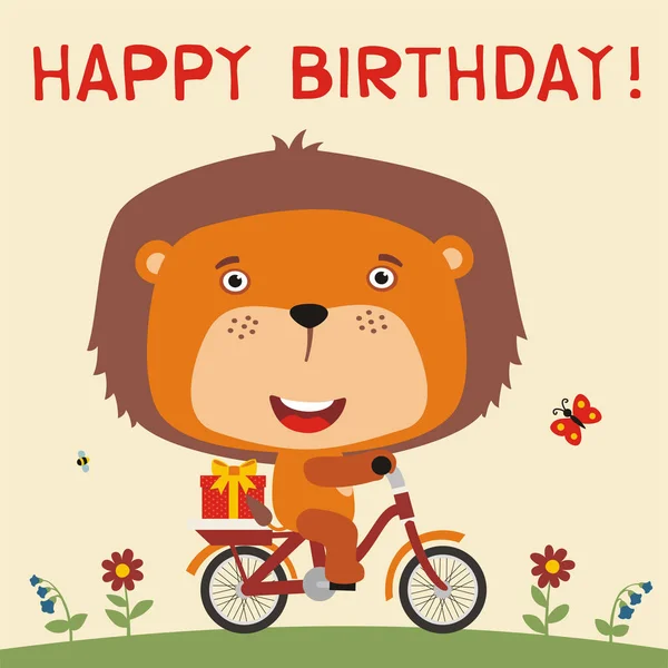 Greeting Card Cute Funny Cartoon Character Lion Bicycle Gift Meadow — Stock Vector