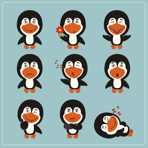 Conjunto Encantadores Personajes Dibujos Animados Pingüinos Con Diferentes Emociones — Archivo Imágenes Vectoriales