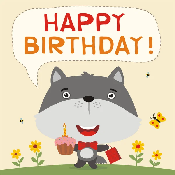Greeting Card Cute Funny Cartoon Character Wolf Cupcake Gift Bag — Stock Vector