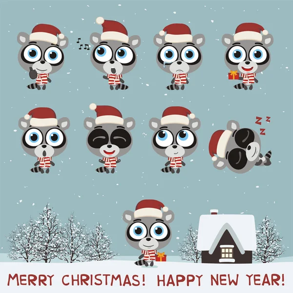 Feliz Navidad Feliz Año Nuevo Tarjeta Felicitación Con Conjunto Mapaches — Archivo Imágenes Vectoriales