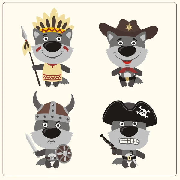 Lindos Lobos Dibujos Animados Conejos Trajes Vaquero Pirata Con Vikingo — Vector de stock