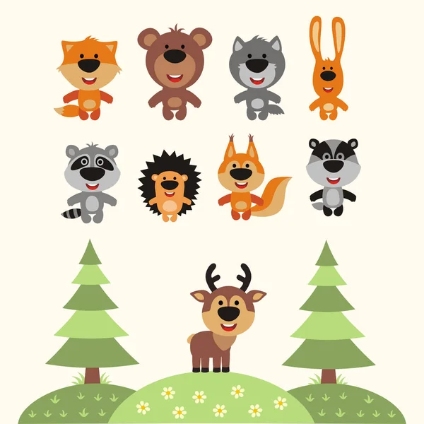 Colección Animales Salvajes Estilo Dibujos Animados Bosque — Vector de stock