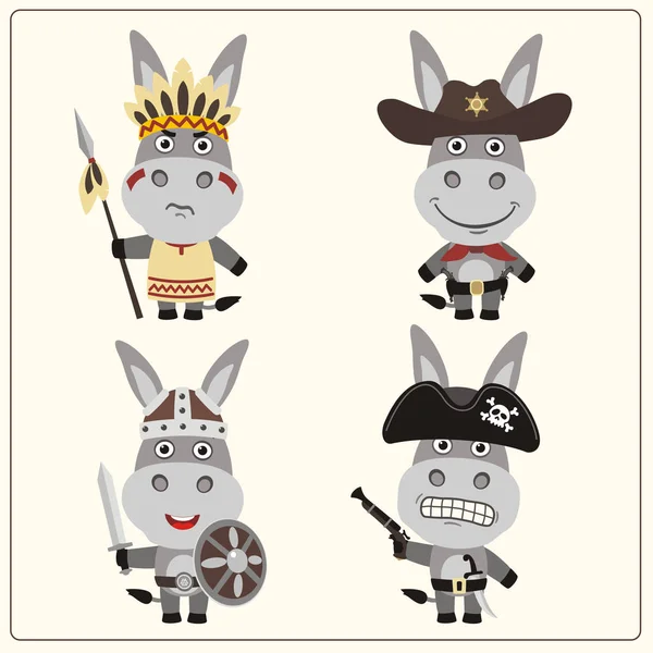 Lindos Personajes Dibujos Animados Burros Trajes Vaquero Pirata Con Vikingo — Vector de stock