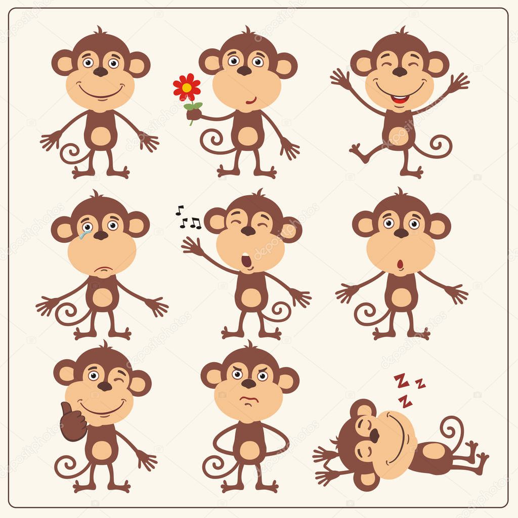 set of charming cartoon characters of monkeys with different emotions