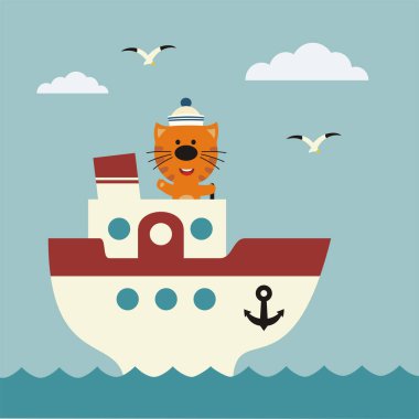 denizde gemi güvertesinde kedi denizci sevimli komik çizgi film karakteri 