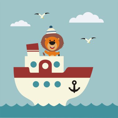 denizde gemi güvertesinde aslan denizci sevimli komik çizgi film karakteri 