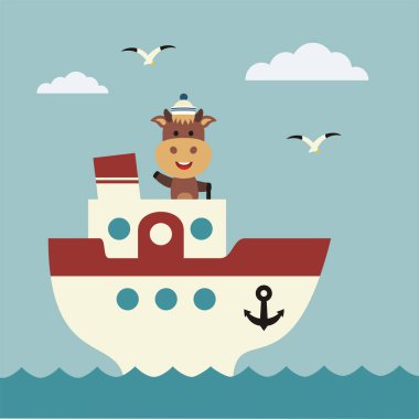 denizde gemi güvertesinde denizci sevimli komik çizgi film karakteri 