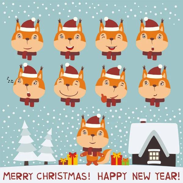 Feliz Navidad Feliz Año Nuevo Tarjeta Felicitación Con Conjunto Ardillas — Vector de stock