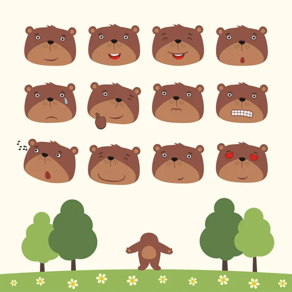 Set Cartoon Characters Little Funny Bears Different Emotions Body Summer — Stock Vector