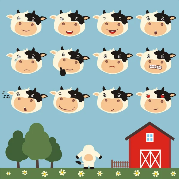 Conjunto Personajes Dibujos Animados Pequeñas Vacas Divertidas Con Diferentes Emociones — Vector de stock