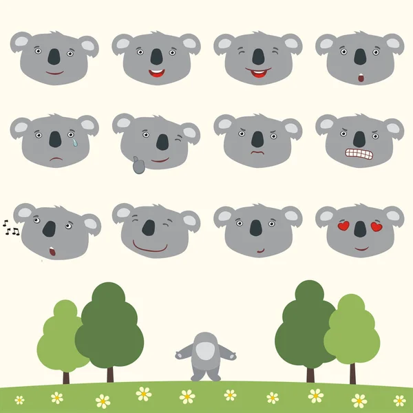 Set Cartoon Characters Little Funny Koalas Different Emotions Body Summer — Stock Vector