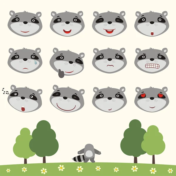 Set Cartoon Characters Little Funny Raccoons Different Emotions Body Summer — Stock Vector