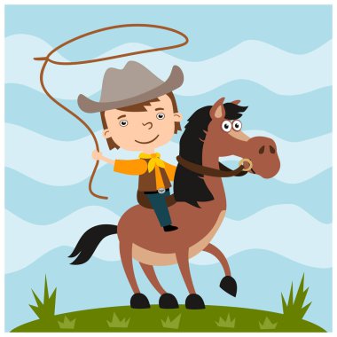 kovboy kostüm sürme at ve çayırüzerinde kement dönen çocuk sevimli çizgi film karakteri 