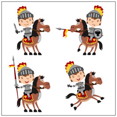 Beyaz arka plan üzerinde izole mızraklar ve kalkanlar ile farklı pozlar karikatür tarzı binicilik atları set