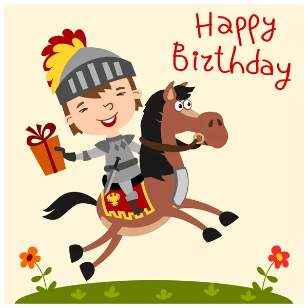 Happy Birthday Card Cartoon Character Funny Knight Armor Riding Horse — Stock Vector