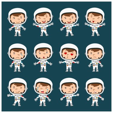 Set of funny astronauts in cartoon style in different poses and emotions on dark background. clipart
