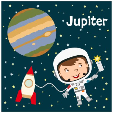 Jüpiter gezegeni yakınında uzayda roket yanında akıllı telefon selfie alarak uzay kıyafeti erkek astronot sevimli komik çizgi film karakteri ile tebrik kartı 