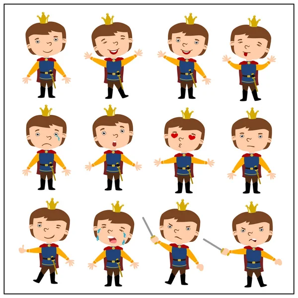 Set Cartoon Character Funny Princes Crowns Heads Different Poses Isolated — Stock Vector