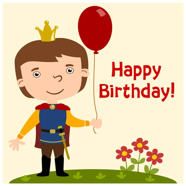 Happy Birthday Card Cartoon Character Funny Prince Crown Head Holding — Stock Vector