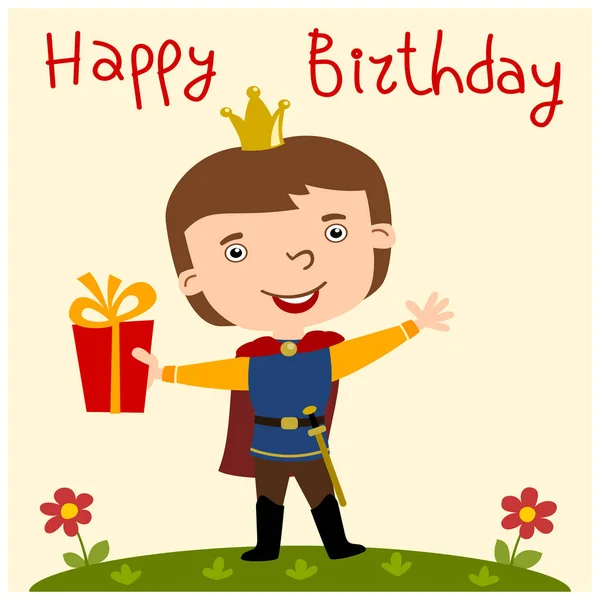 Happy Birthday Card Cartoon Character Funny Prince Crown Head Holding — Stock Vector