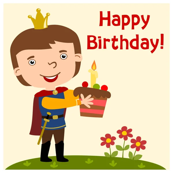 Happy Birthday Card Cartoon Character Funny Prince Crown Head Holding — Stock Vector