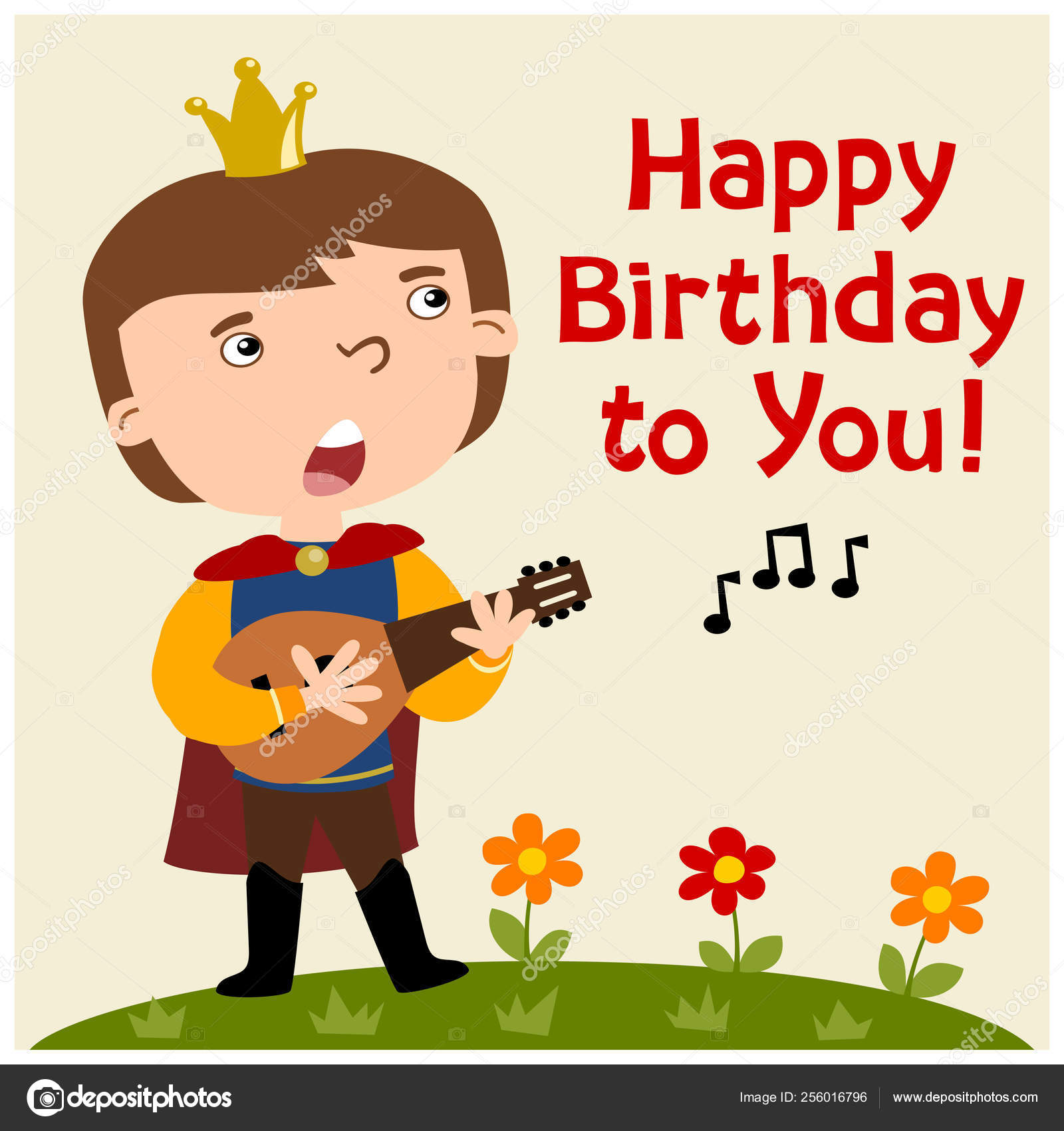 Happy birthday card with cartoon character of funny prince with crown on  head playing lute and singing song Happy Birthday to You on summer meadow