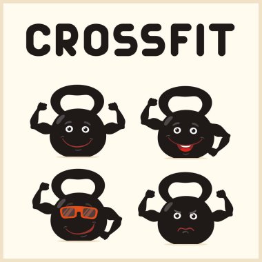 yüzleri ve güçlü kolları ile karikatür komik dumbbells koleksiyonu, crossfit kavramı 