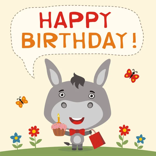 Greeting Card Cute Funny Cartoon Character Donkey Cupcake Gift Bag — Stock Vector