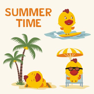 Plajda farklı pozlar yaz zevk tavuk sevimli çizgi film karakterleri seti, yaz dinlenme konsepti 