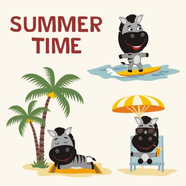 Plajda farklı pozlar yaz zevk zebraların sevimli çizgi film karakterleri seti, yaz dinlenme konsepti 