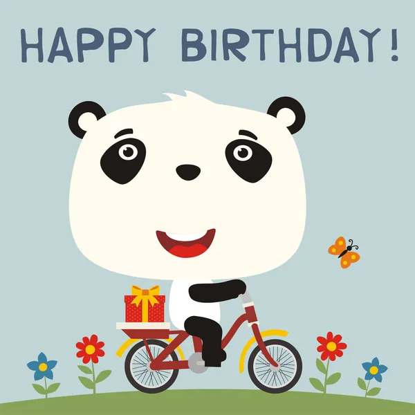 greeting card with cute funny cartoon character of panda on bicycle with  gift at meadow and text Happy birthday - Stock Image - Everypixel