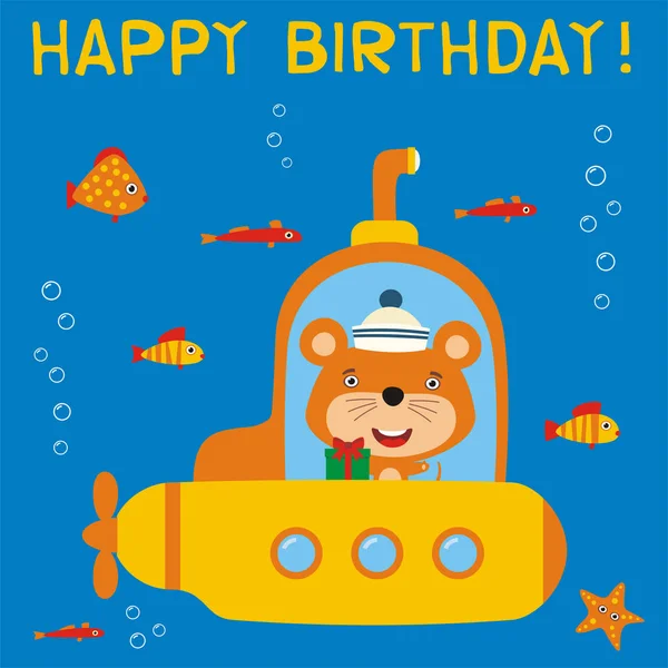 青い海の背景とテキスト幸せな誕生日に贈り物で潜水艦のマウスのかわいい面白い漫画のキャラクターとグリーティングカード — ストックベクタ