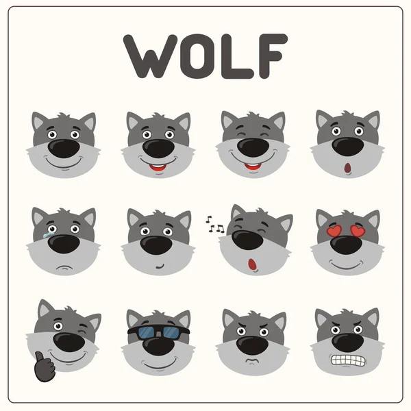 Ensemble Visages Loup Avec Différentes Émotions Dans Style Dessin Animé — Image vectorielle