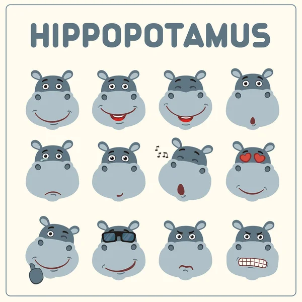 Conjunto Caras Hipopótamo Con Diferentes Emociones Estilo Dibujos Animados — Archivo Imágenes Vectoriales